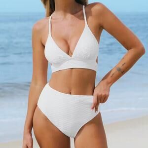 NEW CUPSHE Encounter Textured Lace-Up Bralette & High Waist Bikini Set SIZE M